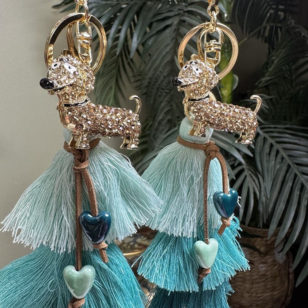 Bag Charm keychain Weiner Dog Gold Dachshund Tan crystals 3 tier Tassel Teal